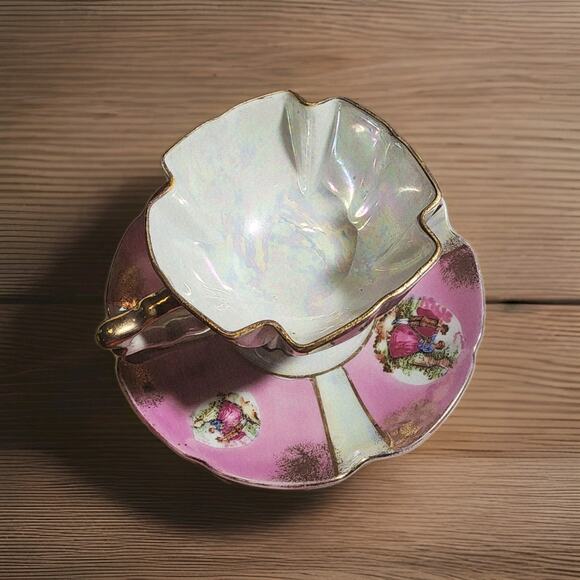 Lefton China Vtg Victoriana Pedestal Teacup Saucer Gold Trim Hand Painted #20336 - Picture 4 of 9